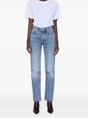 Anine Bing Bruno Jean 27 Antique Blue Distressed High Rise Straight Leg 90s